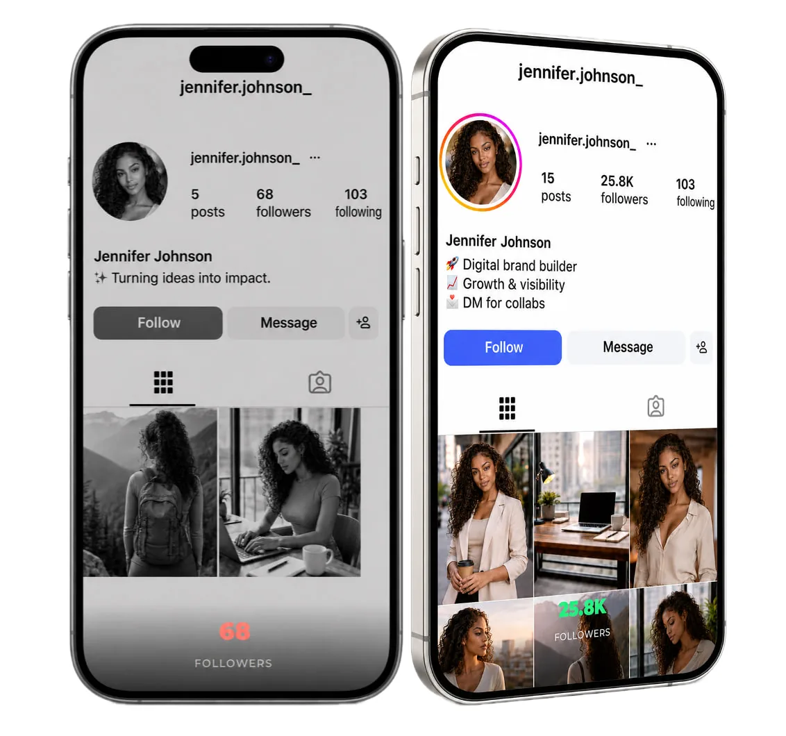 Profil Instagram avant et après une campagne SupaBooster : de 68 à 25,8K abonnés
